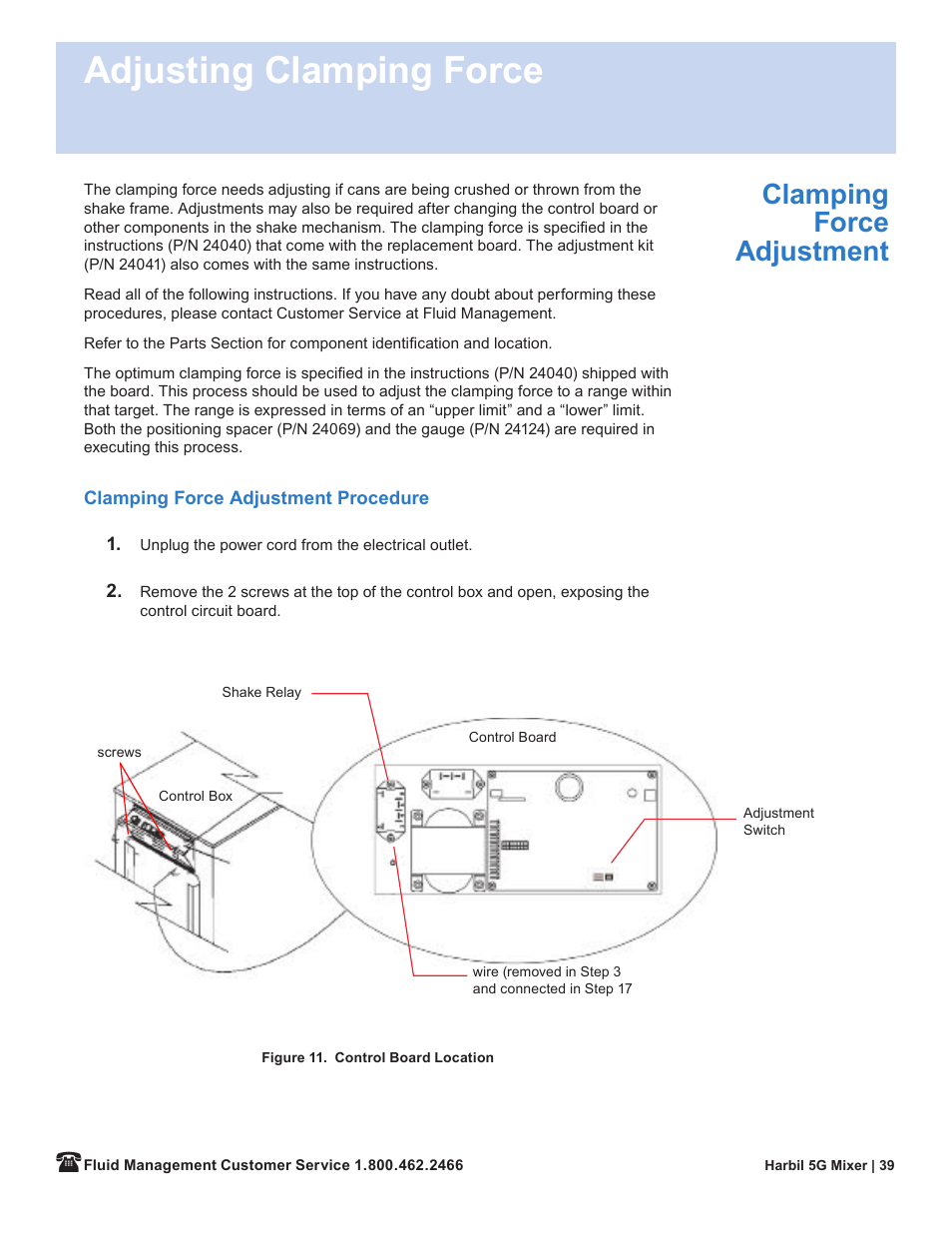 Adjusting clamping force, Clamping force adjustment | Fluid Management 5G-HD Harbil 5-Gallon Shaker User Manual | Page 41 / 81