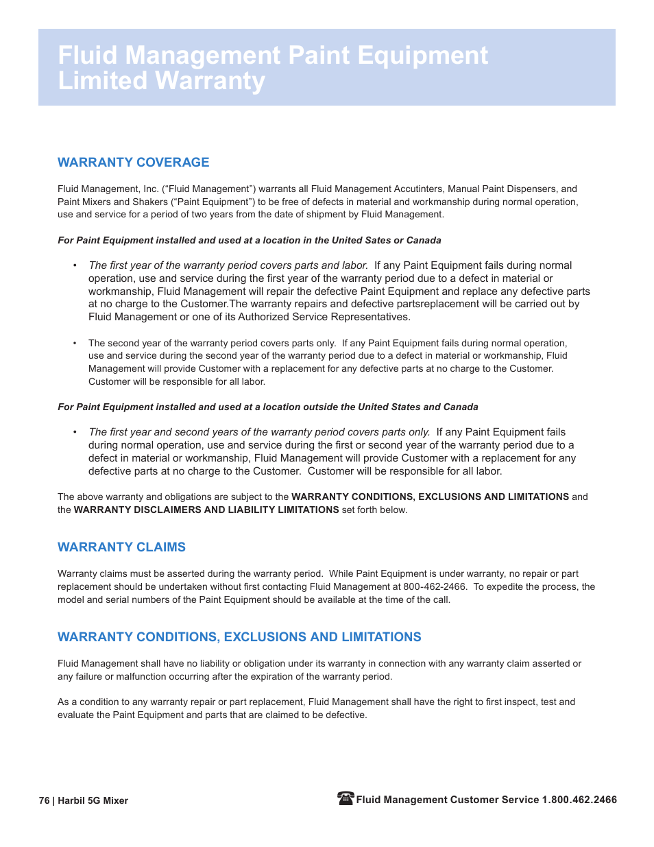 Fluid management paint equipment limited warranty | Fluid Management 5G-HD Harbil 5-Gallon Shaker User Manual | Page 78 / 81