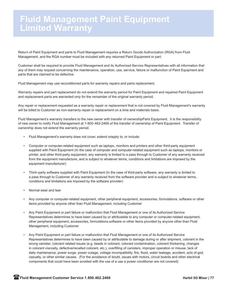 Fluid management paint equipment limited warranty | Fluid Management 5G-HD Harbil 5-Gallon Shaker User Manual | Page 79 / 81