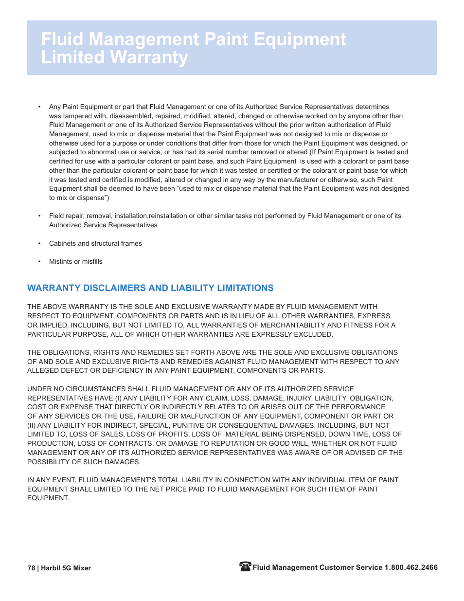 Fluid management paint equipment limited warranty | Fluid Management 5G-HD Harbil 5-Gallon Shaker User Manual | Page 80 / 81