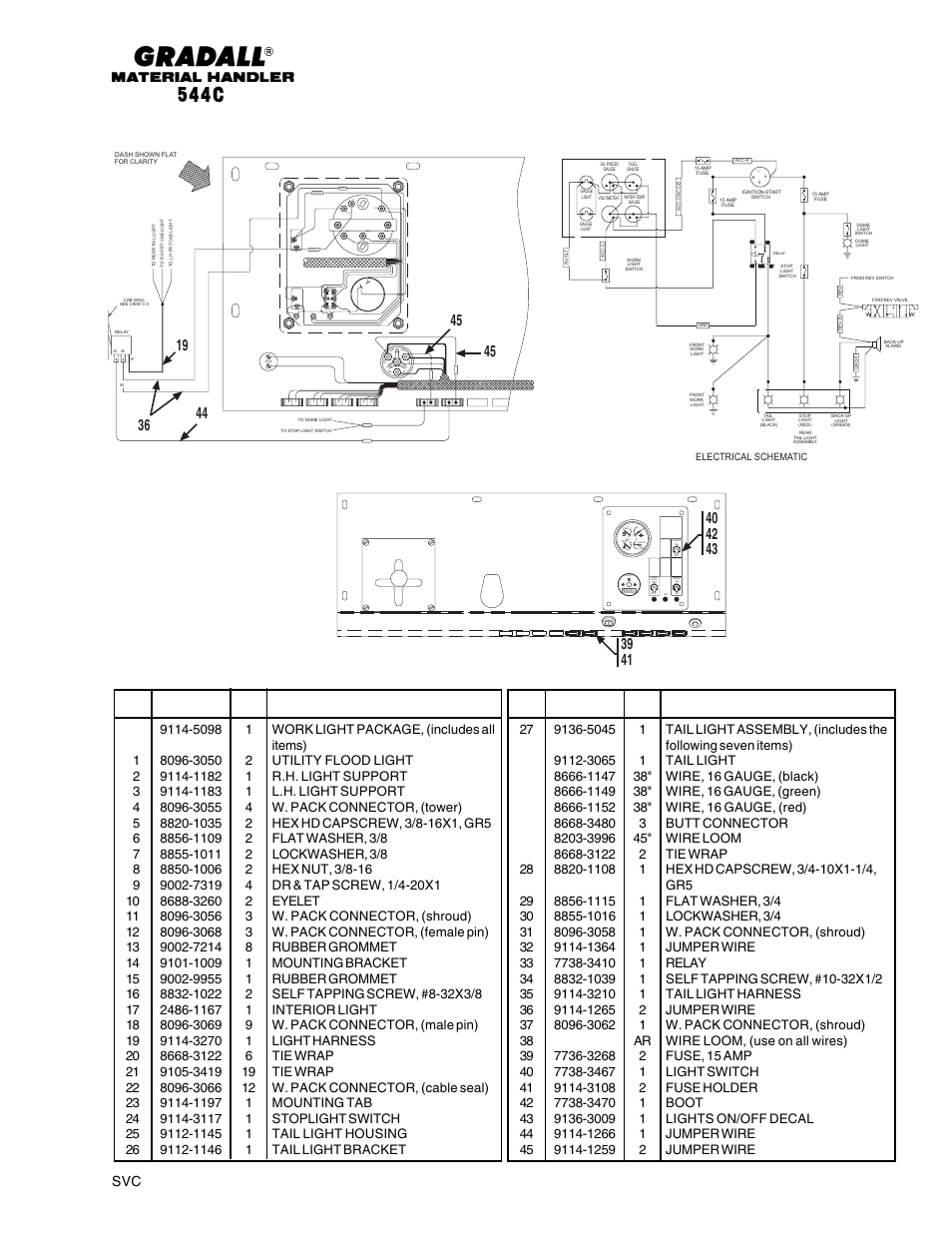 23 svc, Oil +12v gnd lt temp fuel, Park brake | Item part no. qty. description of part | Gradall 544C-10 User Manual | Page 169 / 171