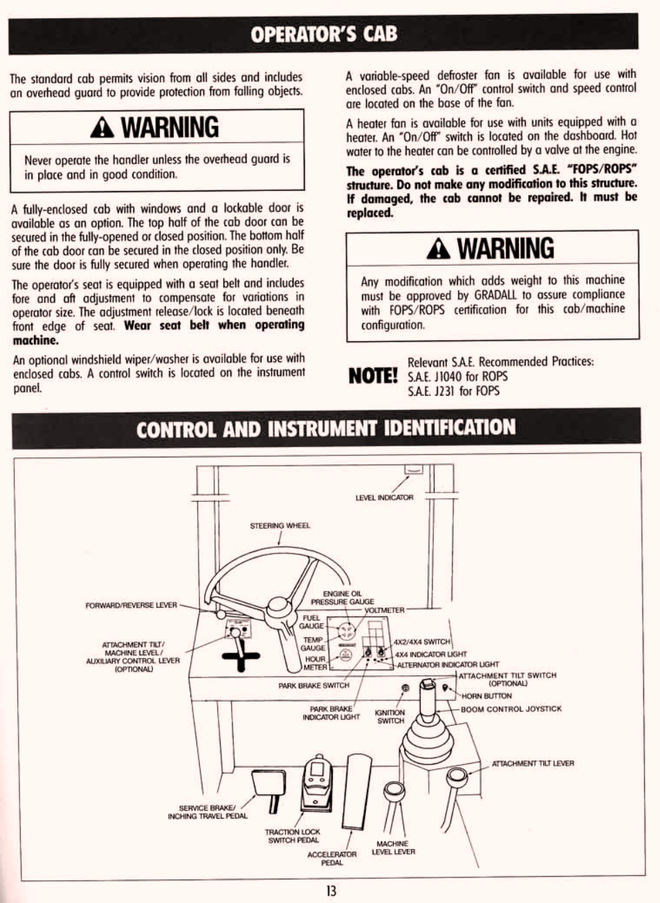 Operator's cab, Control & instrument identification | Gradall 534D-6T Service Manual User Manual | Page 19 / 288