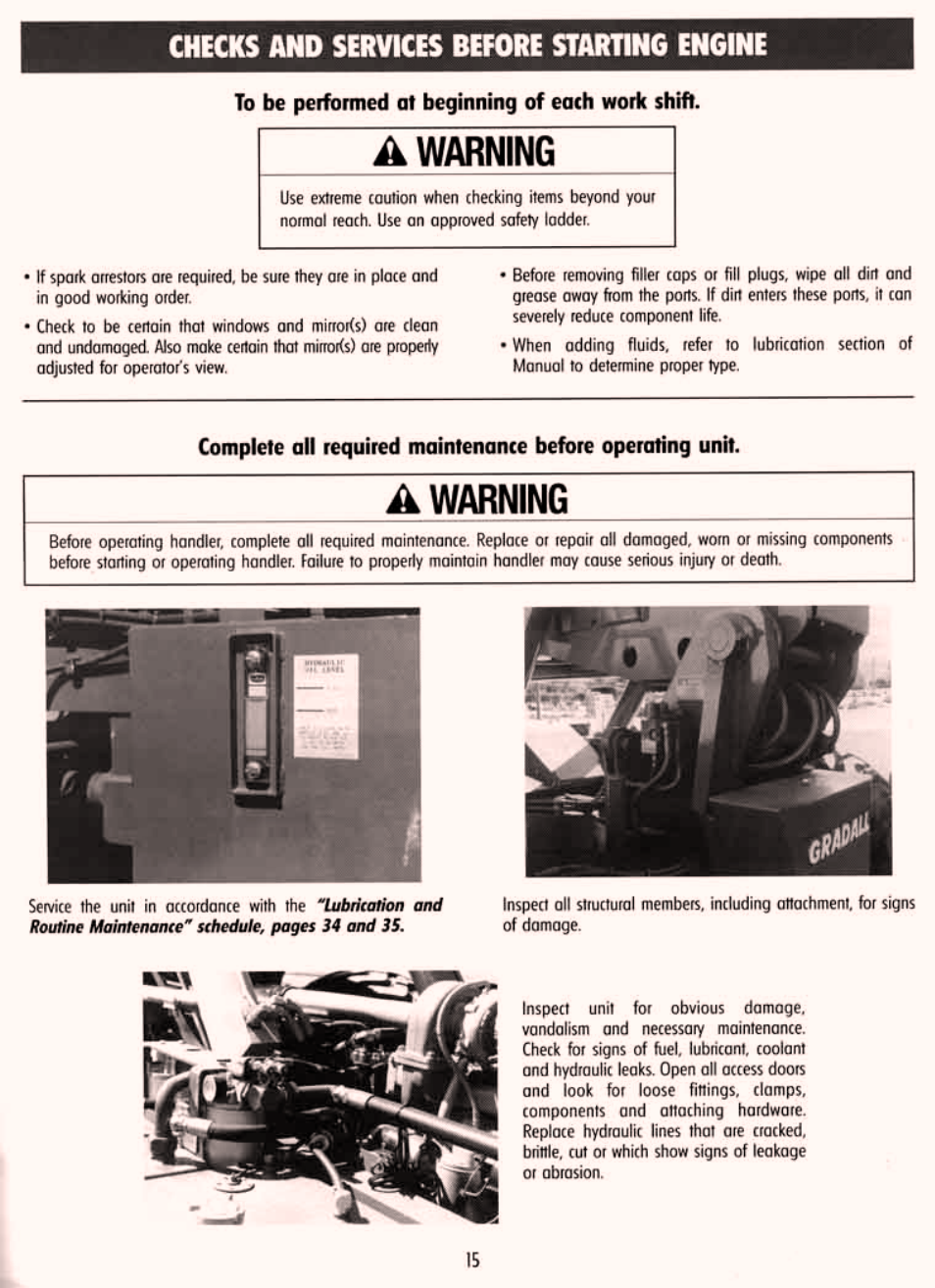 Checks & services before starting engine | Gradall 534D-6T Service Manual User Manual | Page 21 / 288