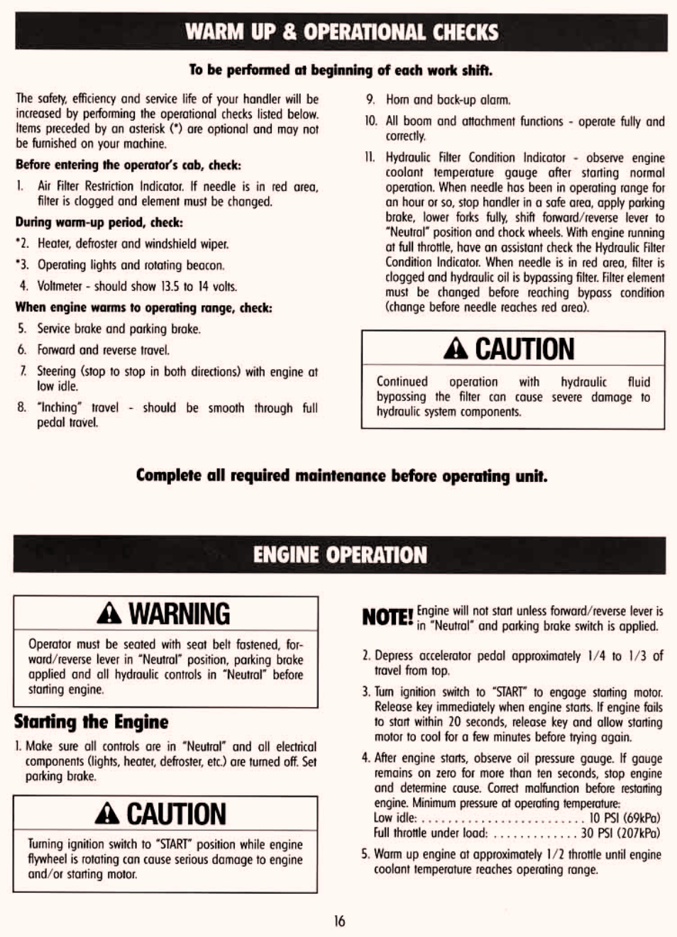 Warm-up & operational checks, Engine operation, Starting the engine | Gradall 534D-6T Service Manual User Manual | Page 22 / 288