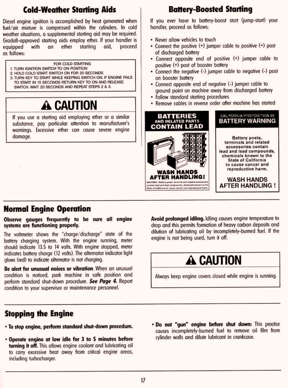 Cold-weather starting aids, Battery-boosted starting, Normal engine operation | Stopping the engine | Gradall 534D-6T Service Manual User Manual | Page 23 / 288