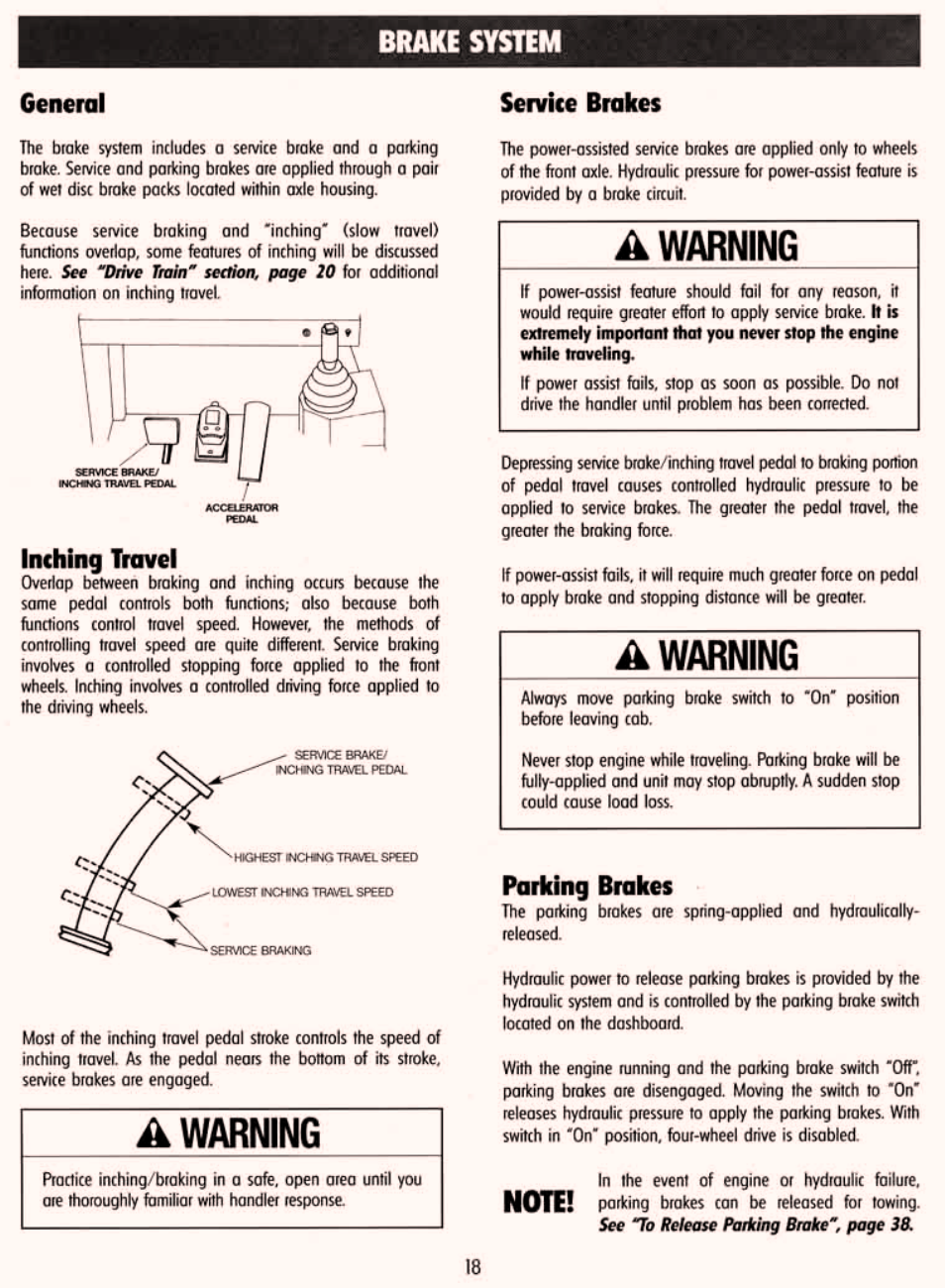 Brake system, General, Inching travel | Service brakes, Parking brakes | Gradall 534D-6T Service Manual User Manual | Page 24 / 288