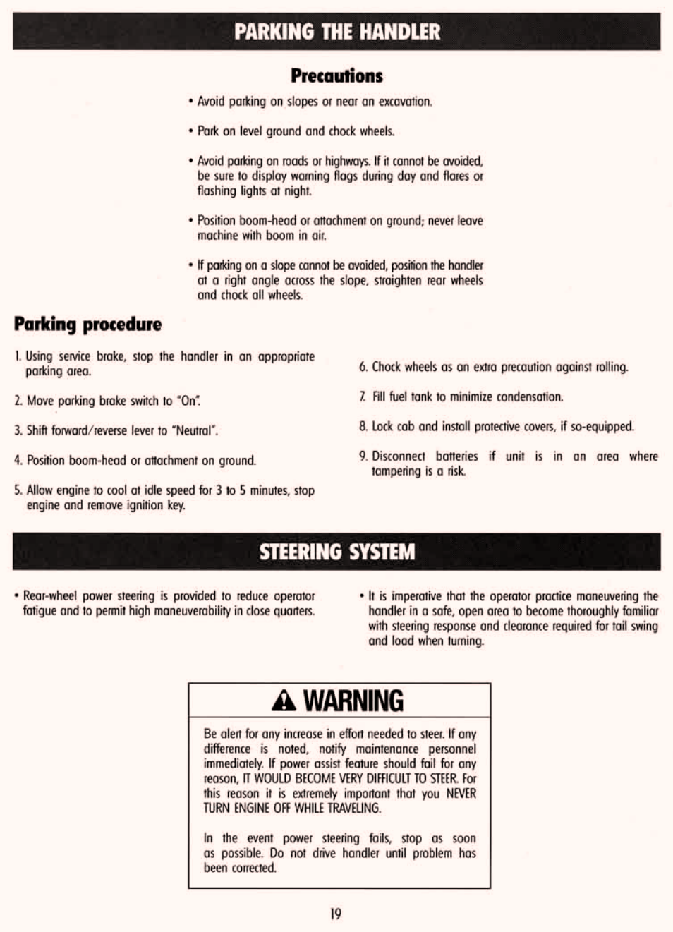 Parking the handler, Steering system | Gradall 534D-6T Service Manual User Manual | Page 25 / 288