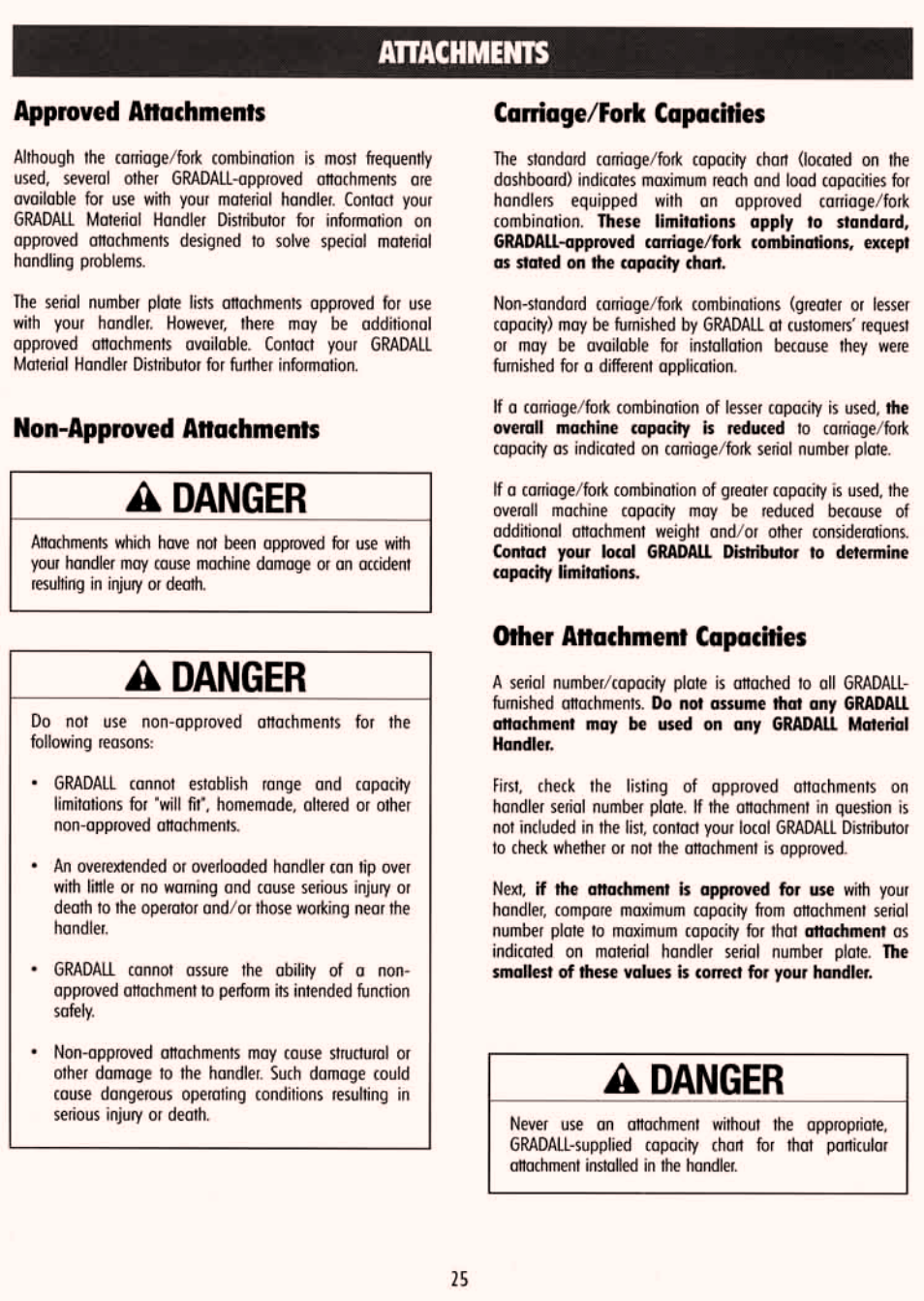 Attachments, Approved attachments, Non-approved attachments | Carriage/fork capacities, Other attachment capacities | Gradall 534D-6T Service Manual User Manual | Page 31 / 288