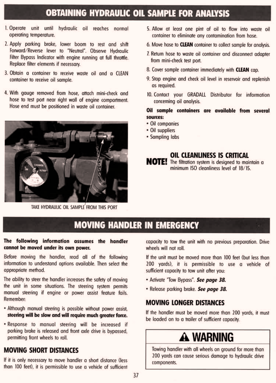 Obtaining hydraulic oil sample for analysis, Moving handler in emergency, Moving short distances | Moving longer distances | Gradall 534D-6T Service Manual User Manual | Page 43 / 288