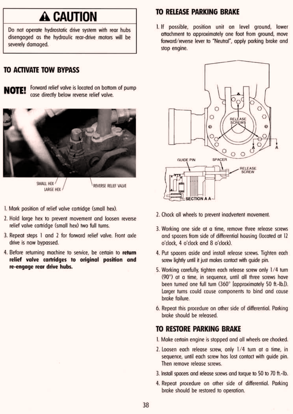 To activate tow bypass, To release parking brake, To restore parking brake | Gradall 534D-6T Service Manual User Manual | Page 44 / 288