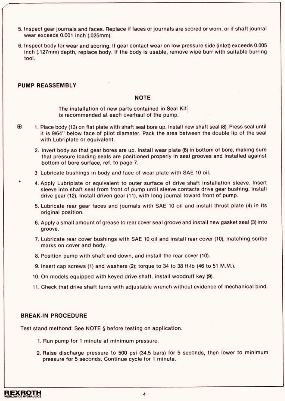 Pump reassembly, Break-in procedure | Gradall 534D-6T Service Manual User Manual | Page 54 / 288