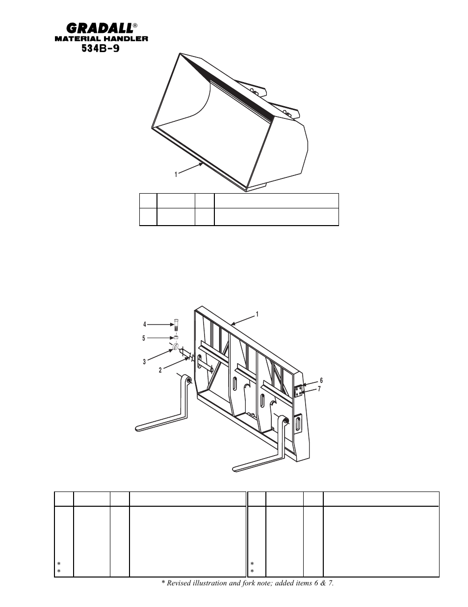 Section 4 attachments & accessories, Attachments & accessories buckets & carriages | Gradall 534B-9 Parts Manual User Manual | Page 44 / 192