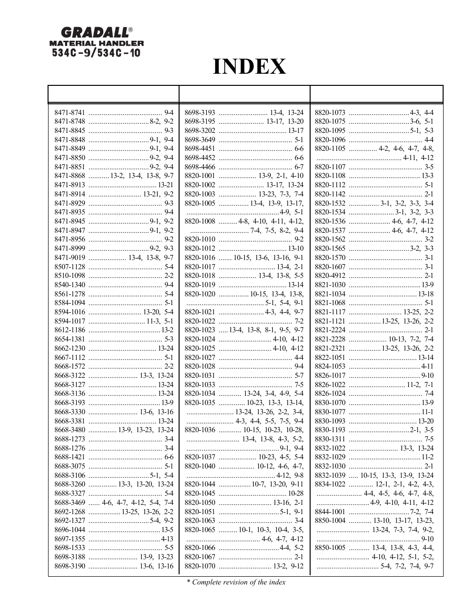 Index | Gradall 534C-10 Parts Manual User Manual | Page 14 / 255