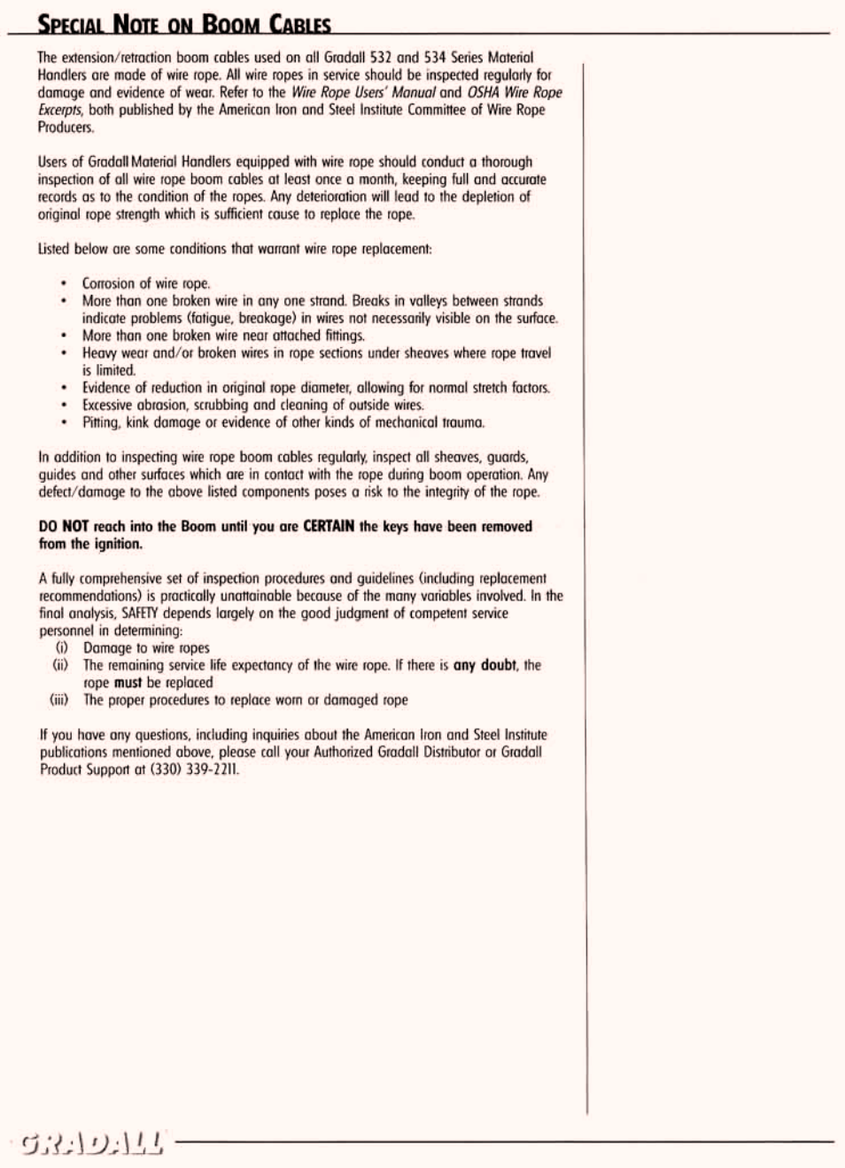 Special note on boom cables | Gradall 534C-10 (2460-4129) Service Manual User Manual | Page 160 / 258