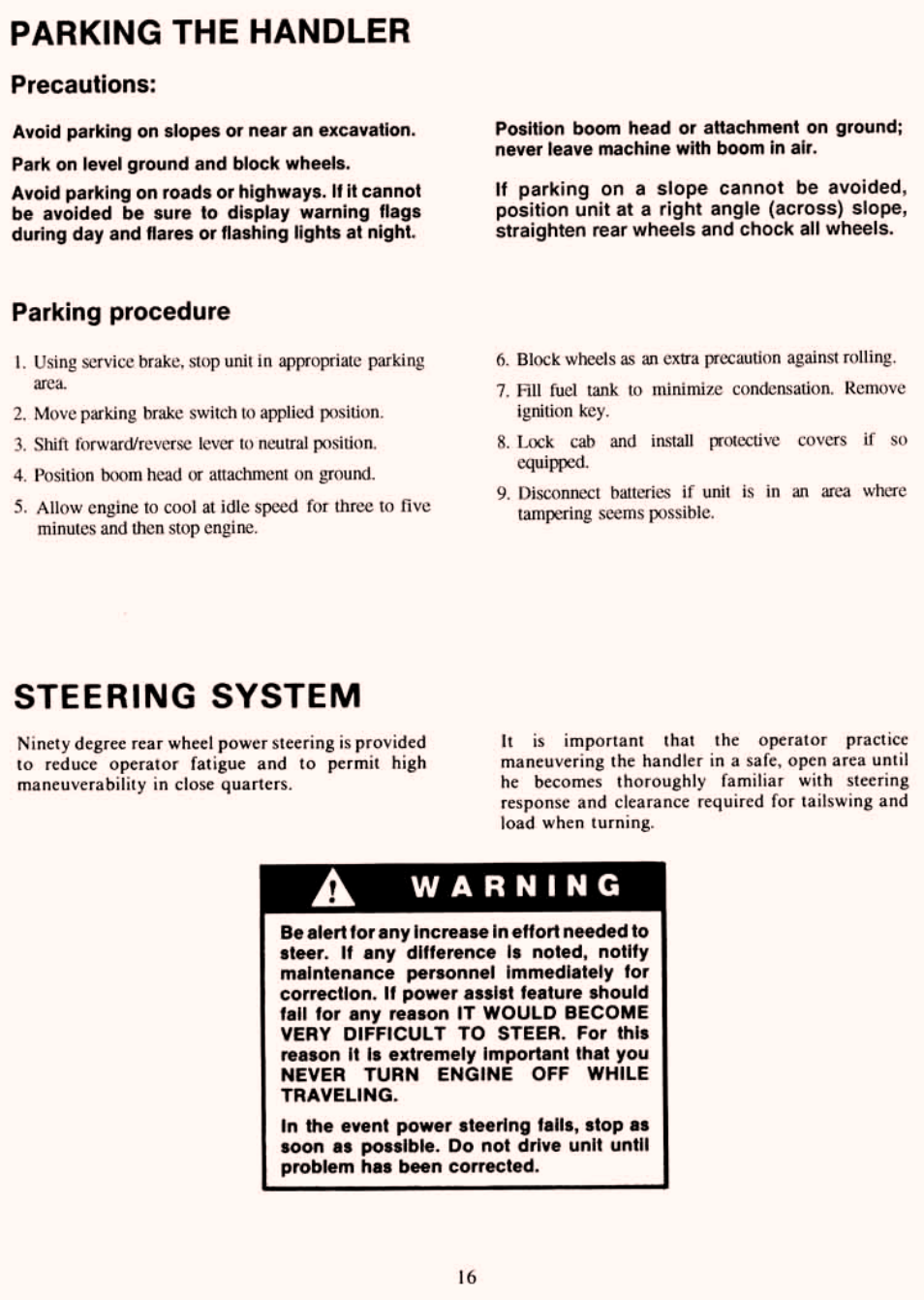 Parking the handler, Steering system | Gradall 534C-10 (2460-4129) Service Manual User Manual | Page 22 / 258