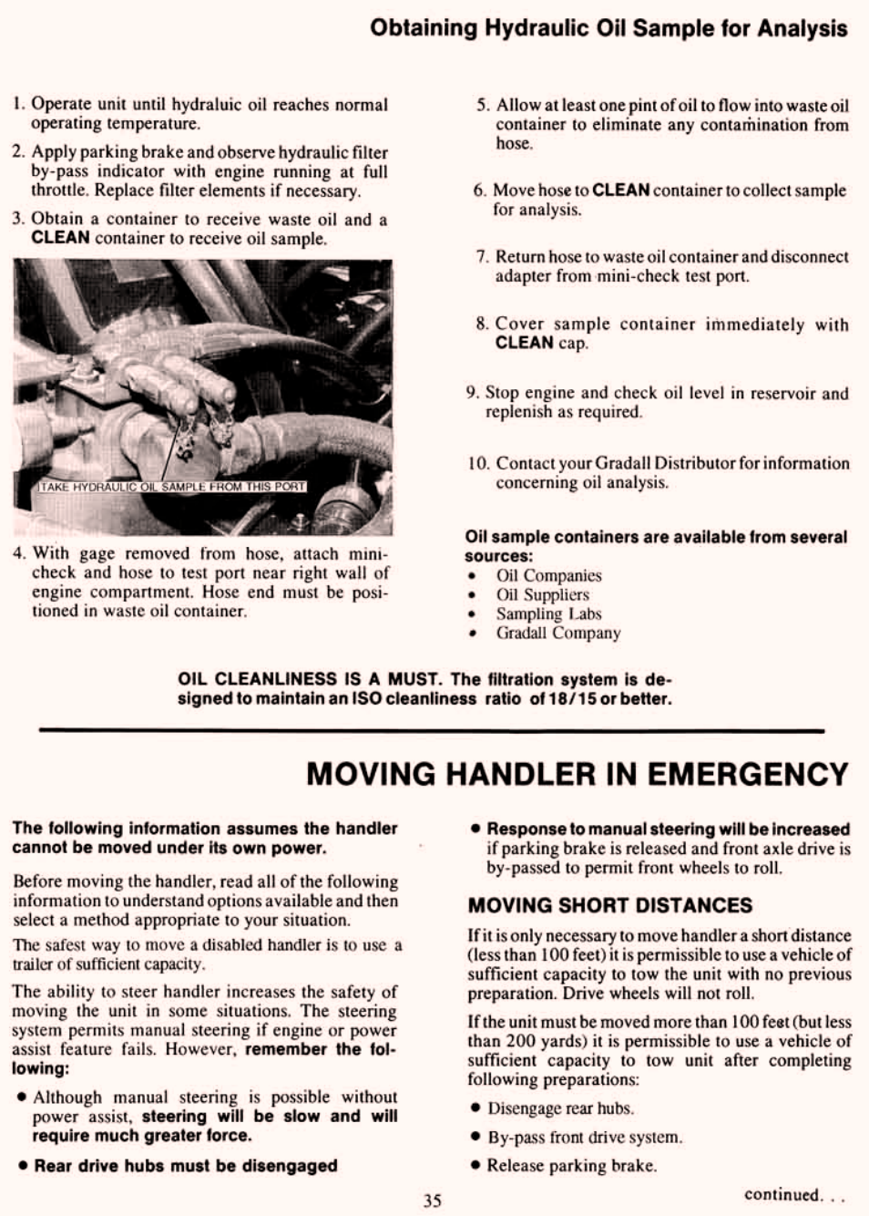 Obtaining hydraulic oil sample for analysis, Moving handler in emergency | Gradall 534C-10 (2460-4129) Service Manual User Manual | Page 41 / 258