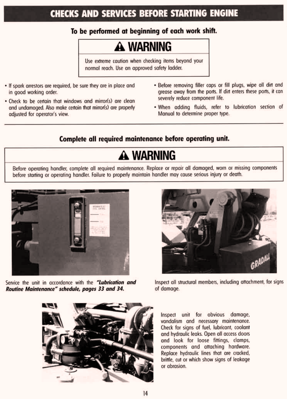 Checks & services before starting engine | Gradall 534C-10 (9114-4437) Service Manual User Manual | Page 20 / 260