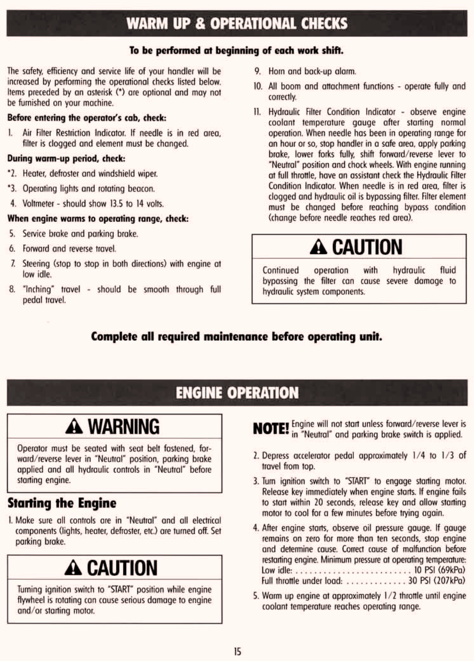 Warm up & operational checks, Engine operation | Gradall 534C-10 (9114-4437) Service Manual User Manual | Page 21 / 260