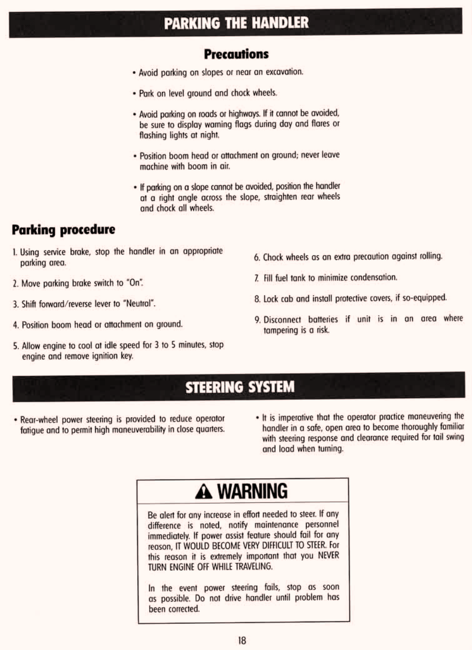 Parking the handler, Steering system | Gradall 534C-10 (9114-4437) Service Manual User Manual | Page 24 / 260