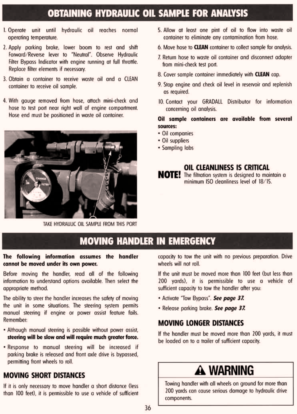 Obtaining hydraulic oil sample for analysis, Moving handler in emergency | Gradall 534C-10 (9114-4437) Service Manual User Manual | Page 43 / 260