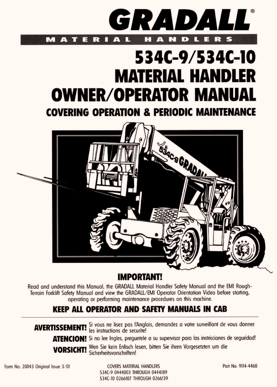 Operation & lubrication, 20043 534c-9/534c-10 owner/operator manual | Gradall 534C-10 (9114-4437) Service Manual User Manual | Page 5 / 260