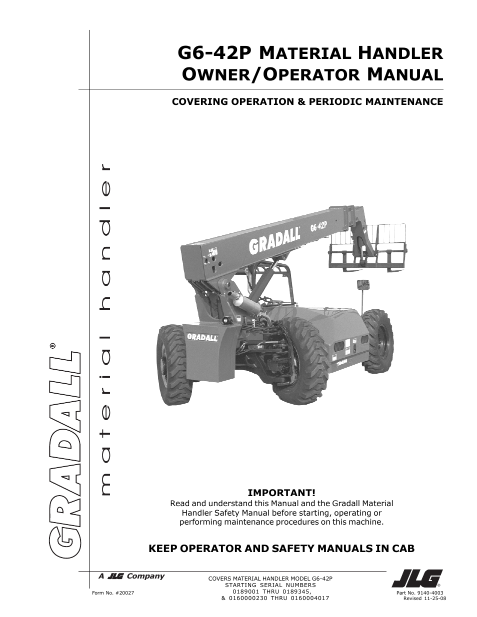 Gradall G6-42P (91404003_Before 0160004017) Operation Manual User Manual | 52 pages