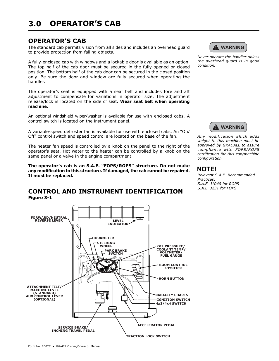 Operator's cab, Operator’s cab 3.0, Operator’s cab | Control and instrument identification | Gradall G6-42P (91404003_Before 0160004017) Operation Manual User Manual | Page 15 / 52