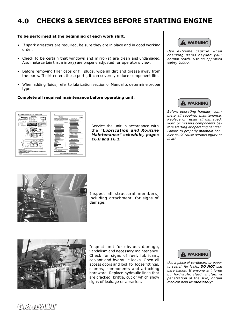 Checks & services before starting engine, Checks & services before starting engine 4.0 | Gradall G6-42P (91404003_Before 0160004017) Operation Manual User Manual | Page 18 / 52