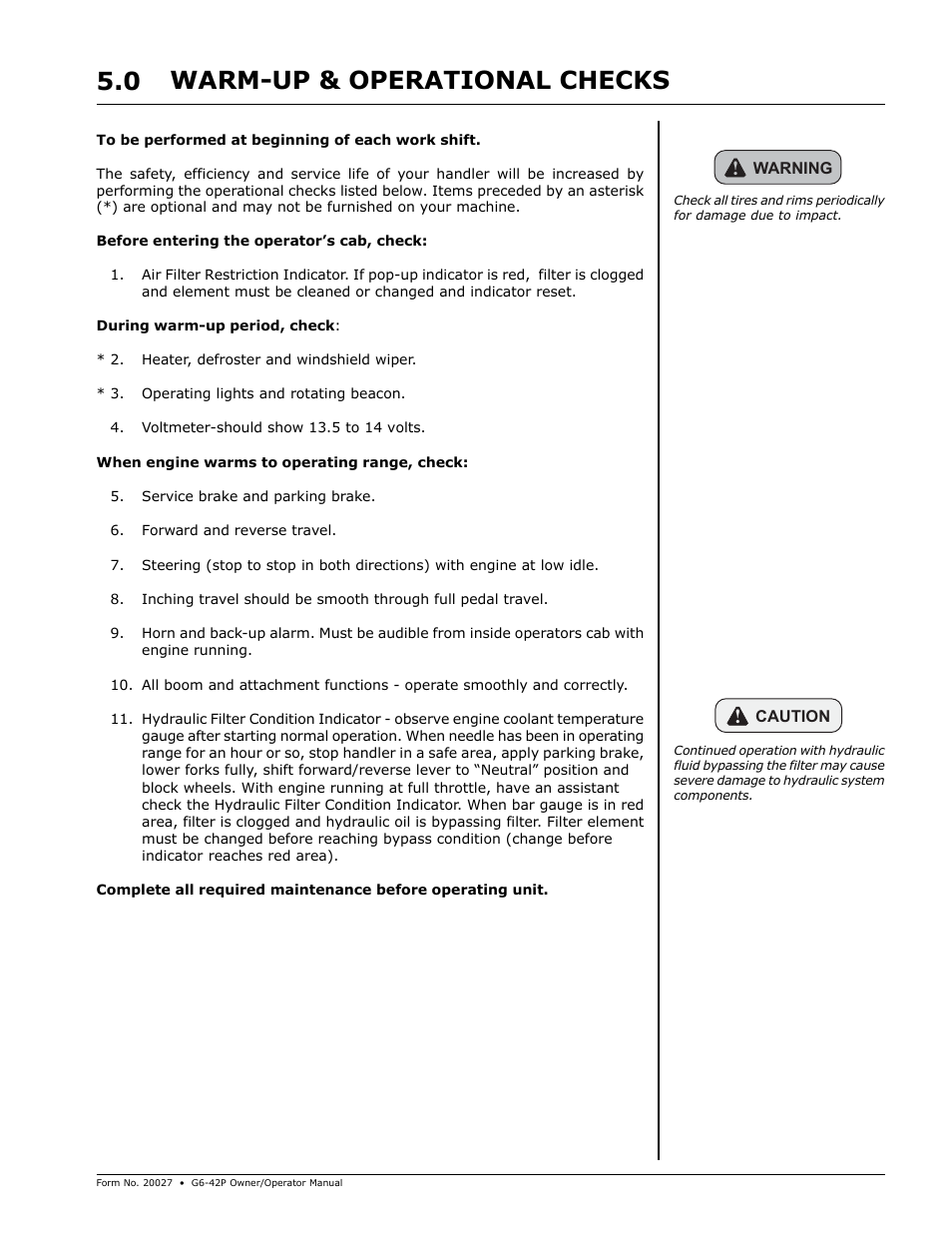 Warm-up & operational checks, Warm-up & operational checks 5.0 | Gradall G6-42P (91404003_Before 0160004017) Operation Manual User Manual | Page 19 / 52