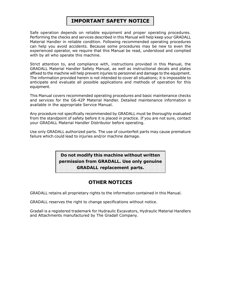 Important safety notice, Other notices | Gradall G6-42P (91404003_Before 0160004017) Operation Manual User Manual | Page 2 / 52