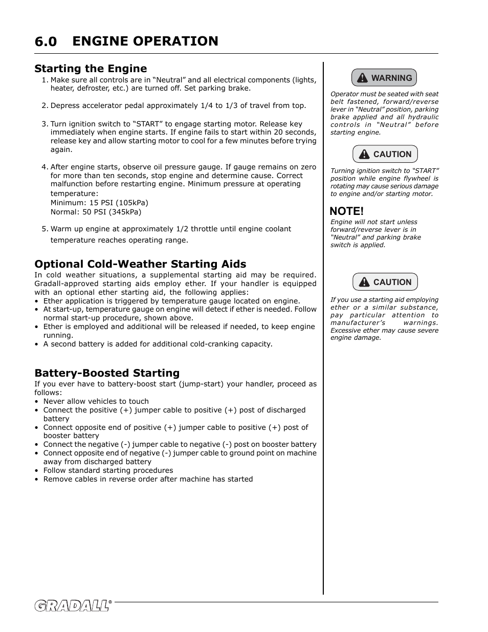 Engine operation, Engine operation 6.0, Starting the engine | Optional cold-weather starting aids, Battery-boosted starting | Gradall G6-42P (91404003_Before 0160004017) Operation Manual User Manual | Page 20 / 52