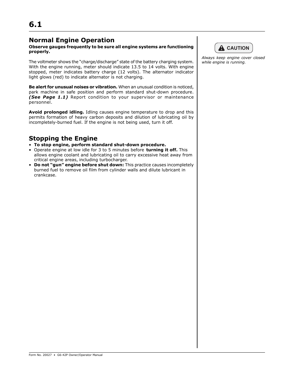 Normal engine operation, Stopping the engine | Gradall G6-42P (91404003_Before 0160004017) Operation Manual User Manual | Page 21 / 52