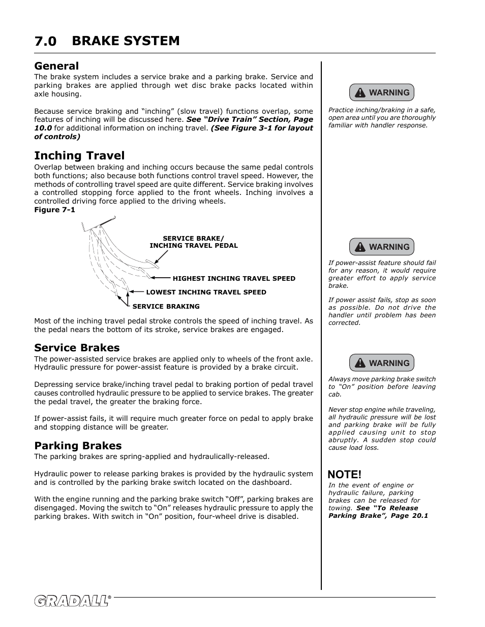 Brake system, Brake system 7.0, Inching travel | General, Service brakes, Parking brakes | Gradall G6-42P (91404003_Before 0160004017) Operation Manual User Manual | Page 22 / 52