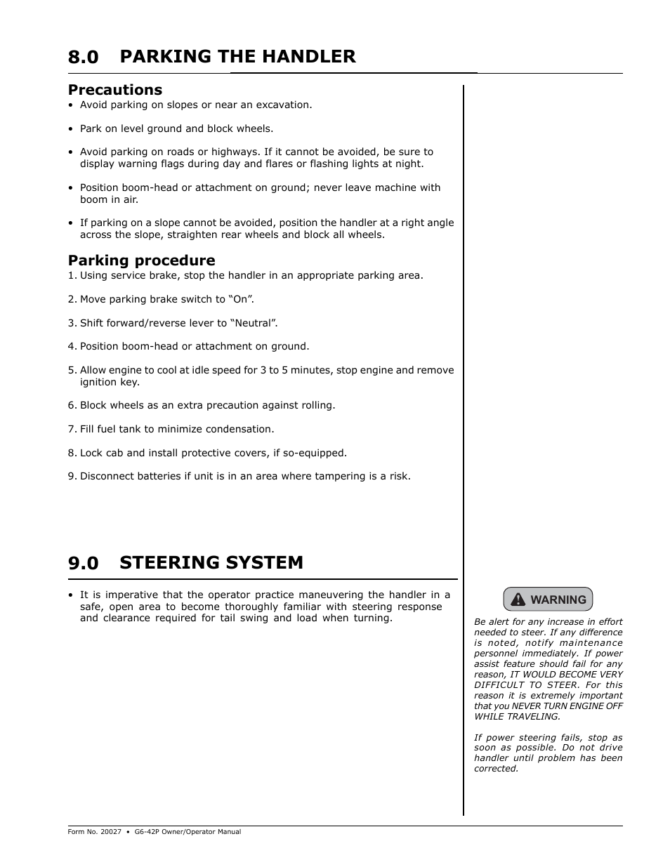 Parking the handler, Steering system, Parking the handler 8.0 steering system 9.0 | Precautions, Parking procedure | Gradall G6-42P (91404003_Before 0160004017) Operation Manual User Manual | Page 23 / 52