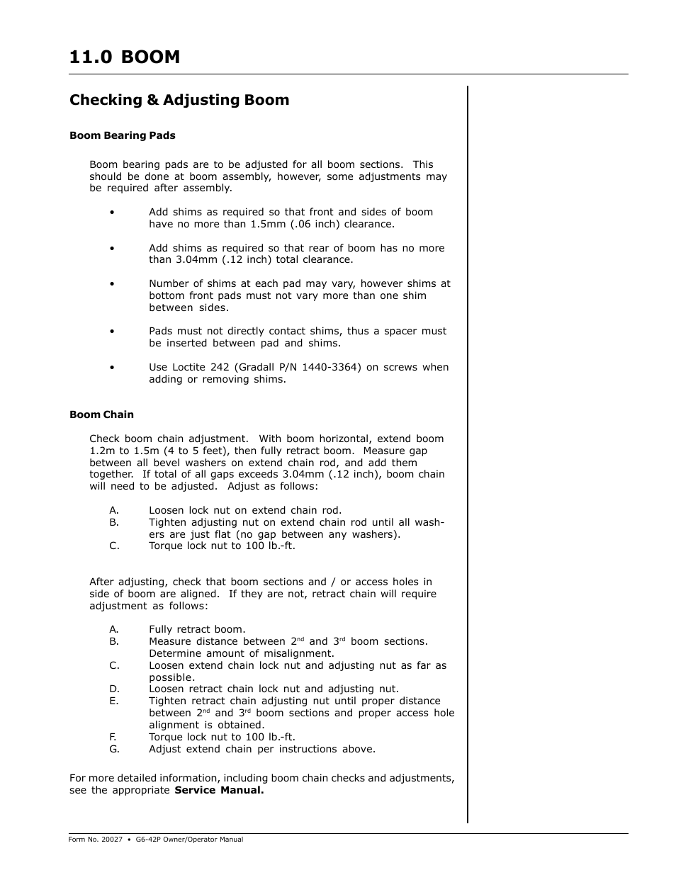 Boom, Boom 11.0, Checking & adjusting boom | Gradall G6-42P (91404003_Before 0160004017) Operation Manual User Manual | Page 25 / 52