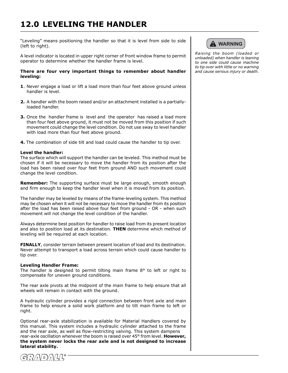 Leveling the handler, Leveling the handler 12.0 | Gradall G6-42P (91404003_Before 0160004017) Operation Manual User Manual | Page 26 / 52