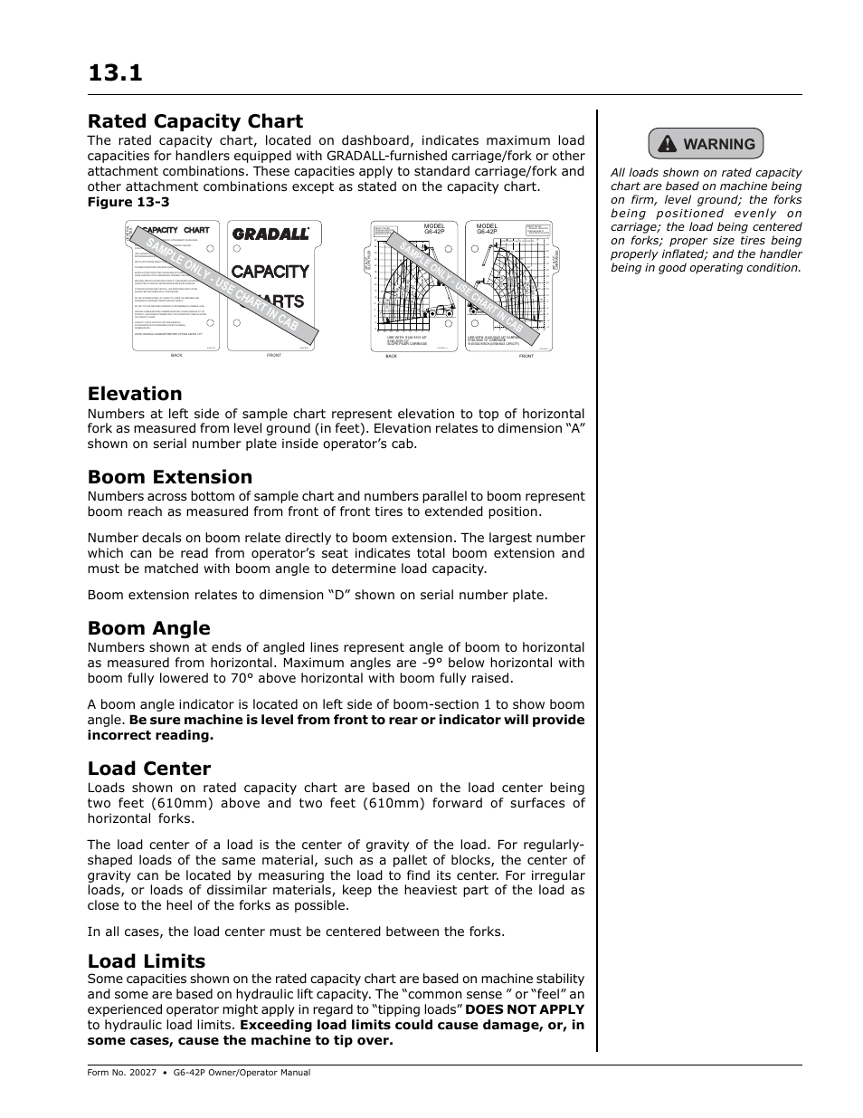 Rated capacity chart, Elevation, Boom extension | Boom angle, Load center, Load limits, Warning, Rated capacity @ 2 ft. load center, Sample only - use chart in cab | Gradall G6-42P (91404003_Before 0160004017) Operation Manual User Manual | Page 29 / 52