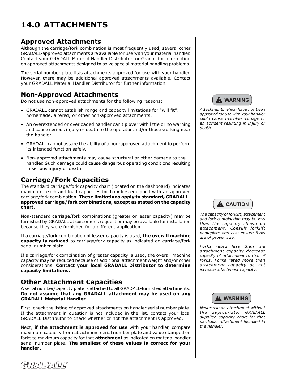 Attachments, Attachments 14.0, Approved attachments | Non-approved attachments, Carriage/fork capacities, Other attachment capacities | Gradall G6-42P (91404003_Before 0160004017) Operation Manual User Manual | Page 30 / 52