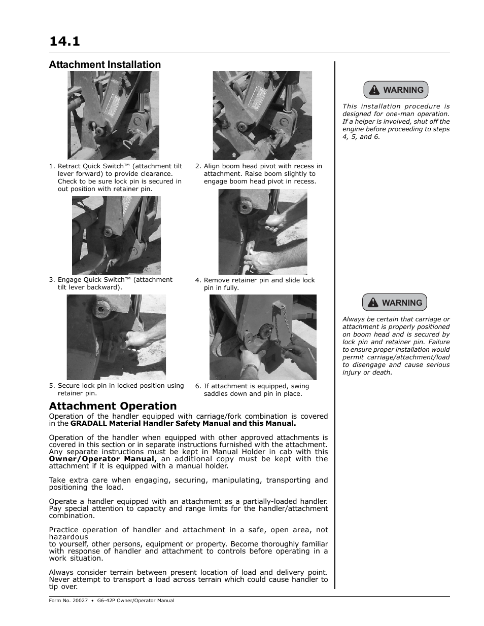 Attachment installation attachment operation | Gradall G6-42P (91404003_Before 0160004017) Operation Manual User Manual | Page 31 / 52