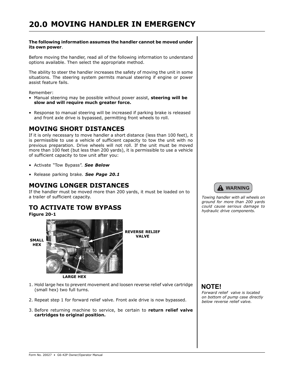 Moving handler in emergency, Moving handler in emergency 20.0, Moving short distances | Moving longer distances | Gradall G6-42P (91404003_Before 0160004017) Operation Manual User Manual | Page 45 / 52