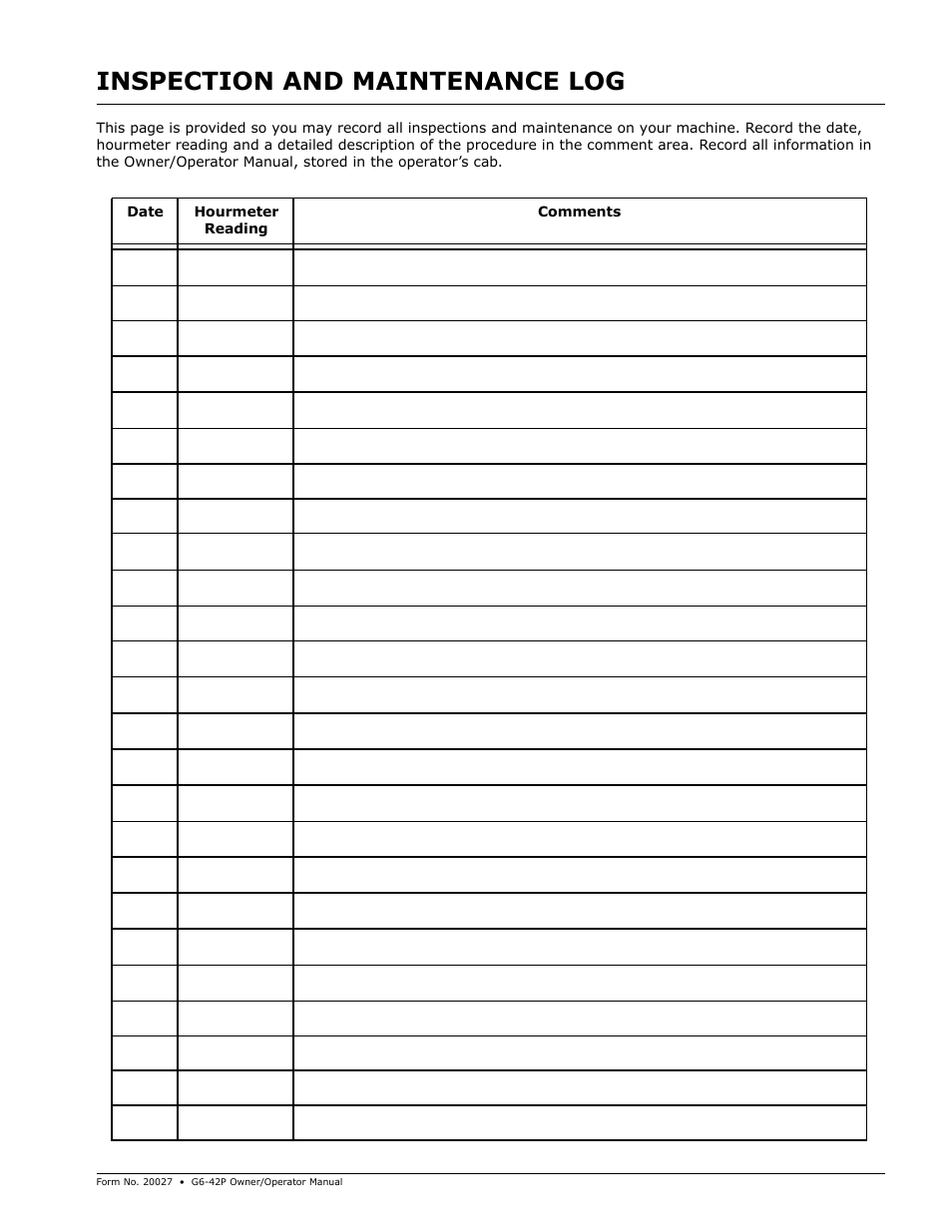 Inspection & maintenance log, Inspection and maintenance log | Gradall G6-42P (91404003_Before 0160004017) Operation Manual User Manual | Page 49 / 52