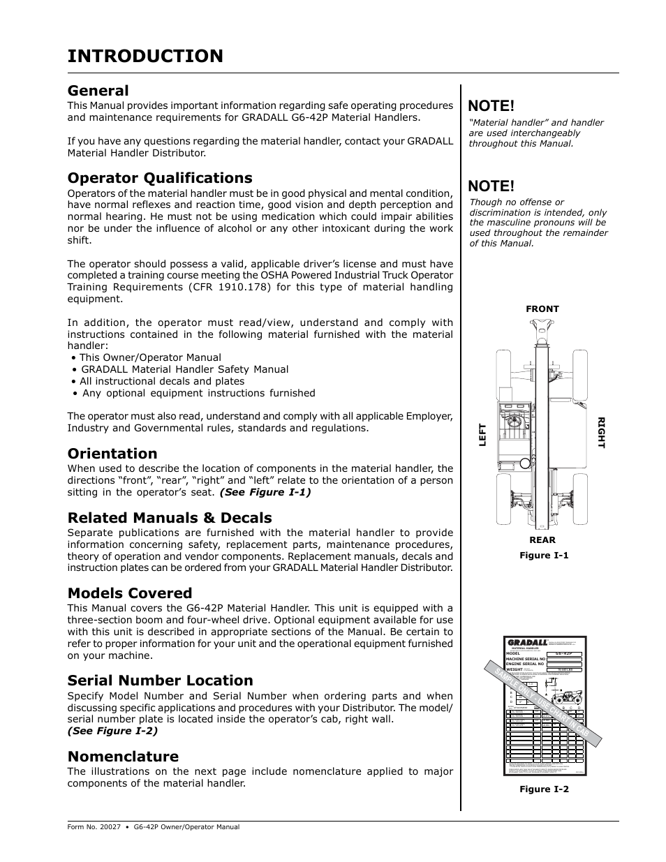 Introduction, General, Operator qualifications | Orientation, Related manuals & decals, Models covered, Serial number location, Nomenclature, Unknown, Unknown ** 3 no 1 0 | Gradall G6-42P (91404003_Before 0160004017) Operation Manual User Manual | Page 5 / 52