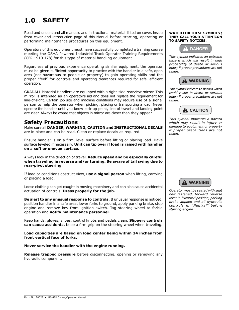 Safety, Safety 1.0, Safety precautions | Gradall G6-42P (91404003_Before 0160004017) Operation Manual User Manual | Page 7 / 52