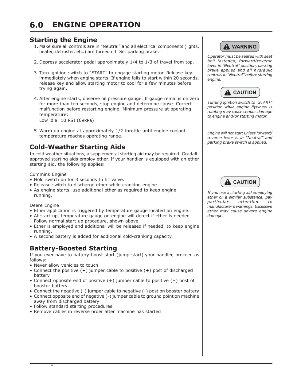 Engine operation, Engine operation 6.0, Starting the engine | Cold-weather starting aids, Battery-boosted starting | Gradall 544D-10 (9136-4142) Operation Manual User Manual | Page 21 / 54