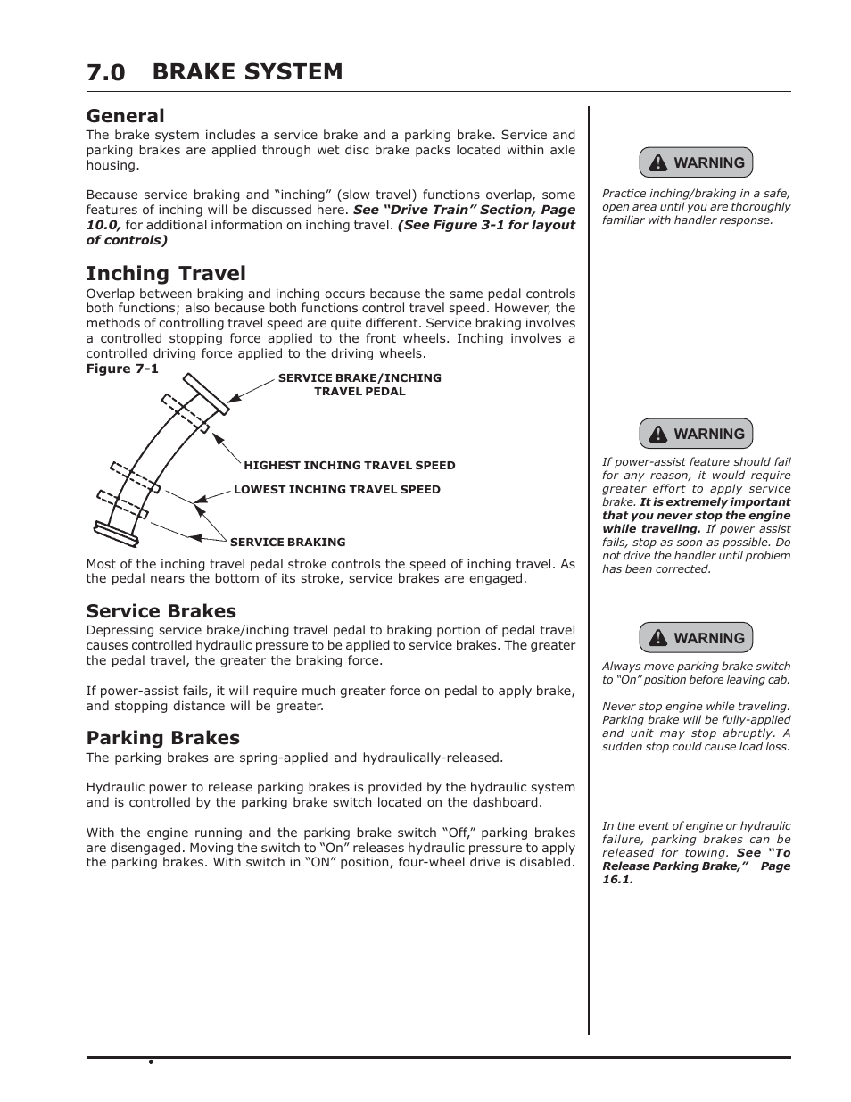 Brake system, Brake system 7.0, Inching travel | General, Service brakes, Parking brakes | Gradall 544D-10 (9136-4142) Operation Manual User Manual | Page 23 / 54