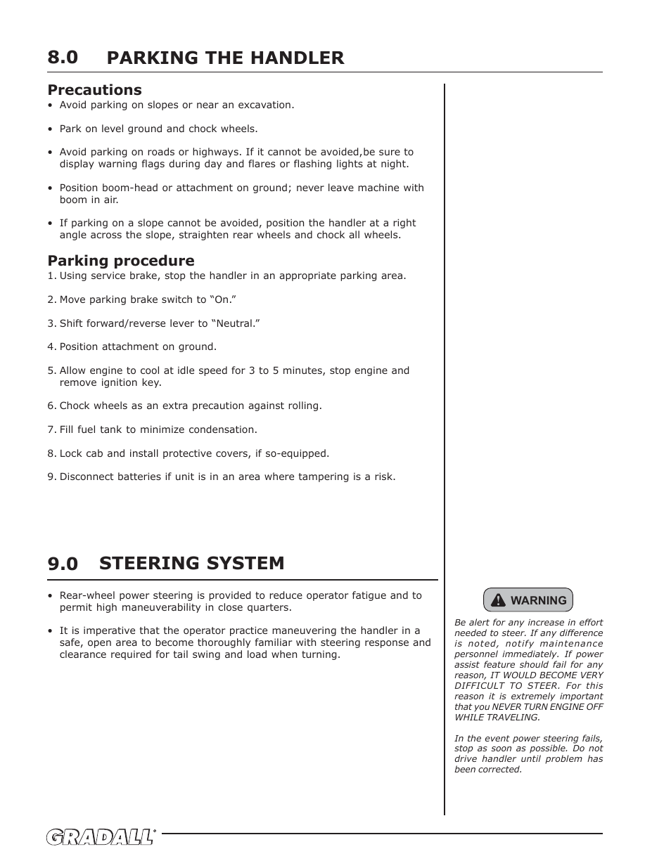 Parking the handler, Steering system, 0 steering system 9.0 parking the handler | Precautions, Parking procedure | Gradall 544D-10 (9136-4142) Operation Manual User Manual | Page 24 / 54