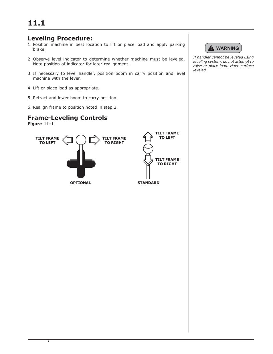 Leveling procedure, Frame-leveling controls, Warning | Gradall 544D-10 (9136-4142) Operation Manual User Manual | Page 27 / 54