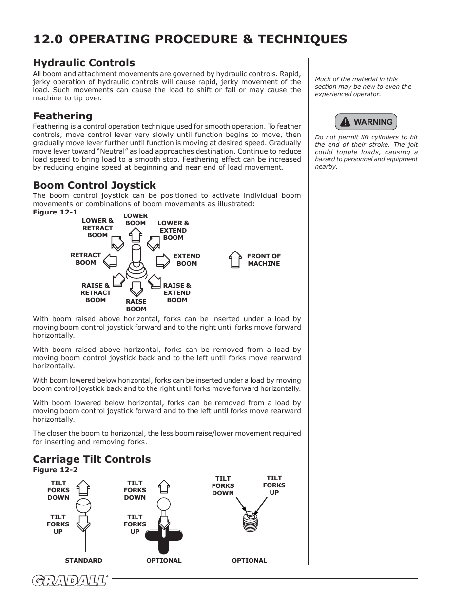 Operating procedure & techniques, Operating procedure & techniques 12.0, Hydraulic controls | Feathering, Boom control joystick, Carriage tilt controls | Gradall 544D-10 (9136-4142) Operation Manual User Manual | Page 28 / 54