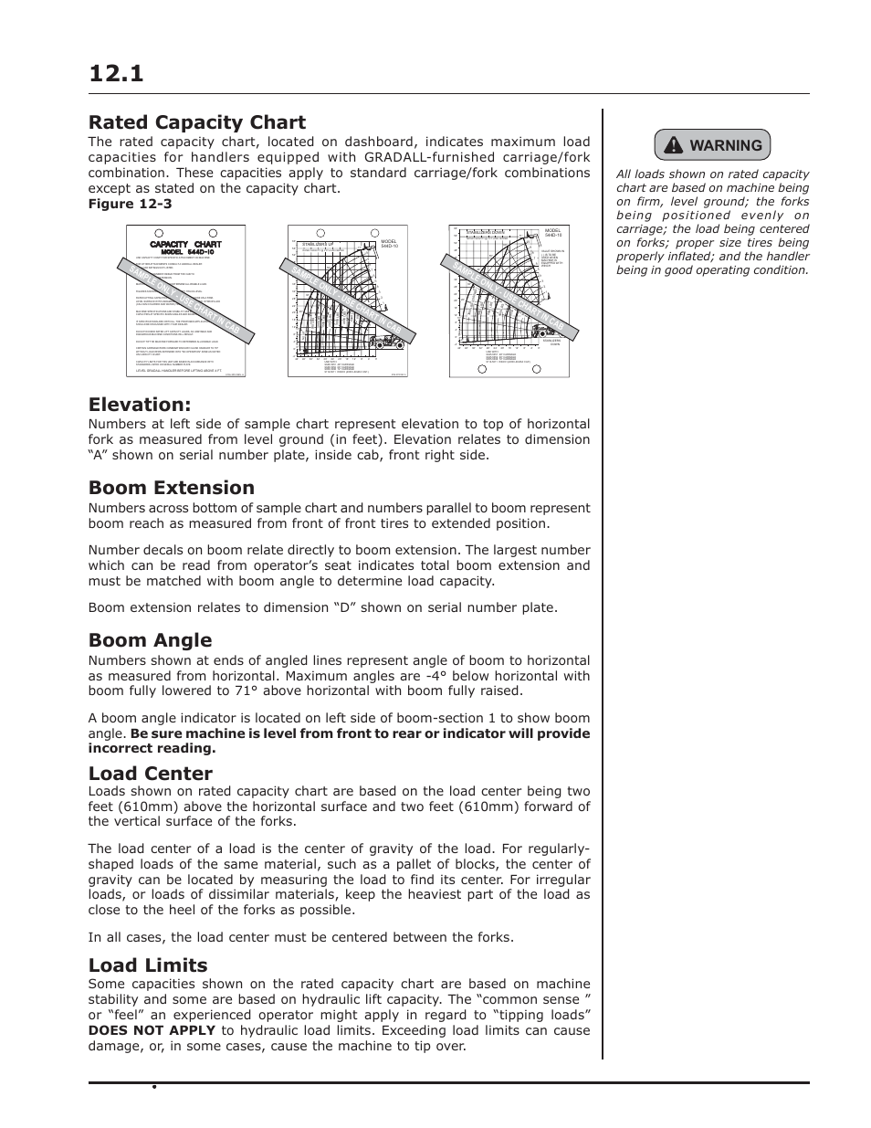 Rated capacity chart, Elevation, Boom extension | Boom angle, Load center, Load limits, Warning, Sample only - use chart in cab | Gradall 544D-10 (9136-4142) Operation Manual User Manual | Page 29 / 54