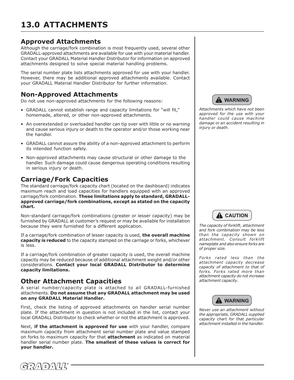 Attachments, Attachments 13.0, Approved attachments | Non-approved attachments, Carriage/fork capacities, Other attachment capacities | Gradall 544D-10 (9136-4142) Operation Manual User Manual | Page 32 / 54
